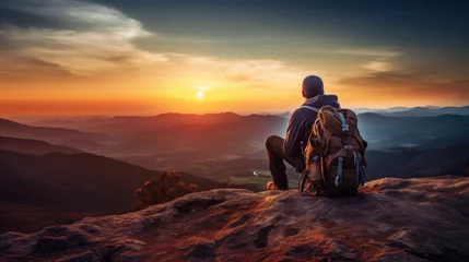Gartenposter Hiker with backpack relaxing on top of a mountain, male hiker and nature © CStock