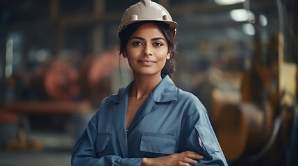 Portrait of an Indian female engineer standing in a factory, a female engineer is working on a construction site background. - obrazy, fototapety, plakaty