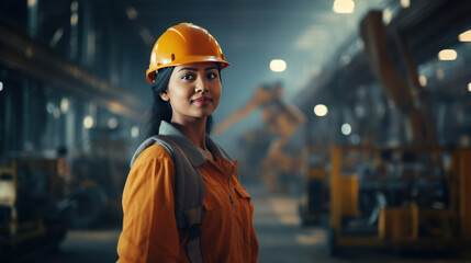 Portrait of an Indian female engineer standing in a factory, a female engineer is working on a construction site background.