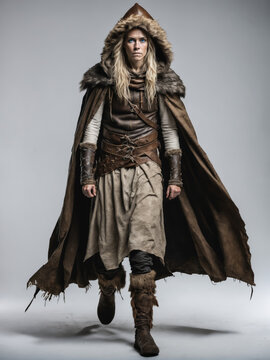 Ai generated image of a fantasy blonde woman with an old fury cloak with a hood and an a leather armor isolated on a white background 