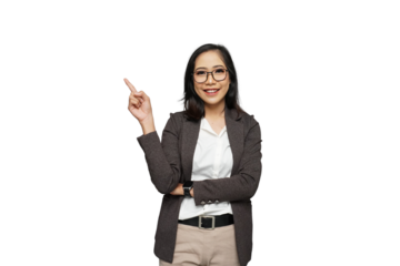Beautiful Young Asian Businesswoman Pointing Cutout Isolated Background