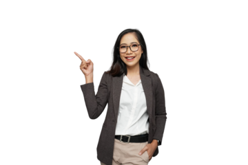 Beautiful Young Asian Businesswoman Pointing Cutout Isolated Background