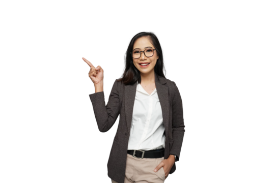 Beautiful Young Asian Businesswoman Pointing Cutout Isolated Background - Powered by Adobe