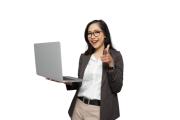 Beautiful Young Asian Businesswoman Pointing Cutout Isolated Background