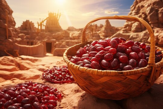 The photo collected garnet a crop in baskets against a solar valley, Generative Ai 