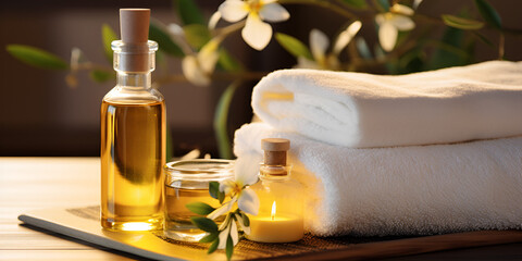 Fototapeta na wymiar Spa Exfoliation Salt Scrub with Lavender and Flowers,,,, Relaxing Spa Treatment: Salt Scrub and Massage Oil