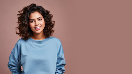 Obraz premium Brunette woman wearing blue sweatshirt isolated on pastel background