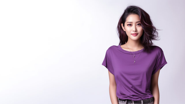 Asian woman wearing purple t-shirt isolated on gray background