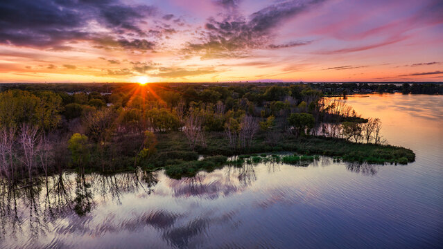 Aerial view of Sandusky, Ohio shoreline at sunset, on the Erie lake.