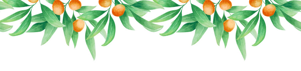 Kumquat Orange Fruit Leaf Watercolor Seamless Pattern Top Side - obrazy, fototapety, plakaty
