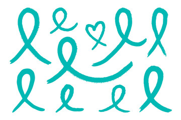 Set of Teal ribbons. Awareness for cervical cancer, Ovarian Cancer, Polycystic Ovary Syndrome (PCOS), Post Traumatic Stress Disorder(PTSD), Obsessive Compulsive Disorder(OCD). Vector 3d illustration