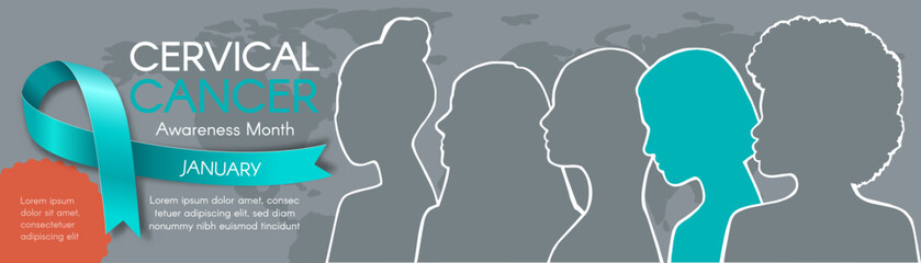 Long horizontal Banner for Cervical Cancer Awareness Month. Diverse women`s silhouettes, text, and a teal ribbon. Modern flat vector illustration