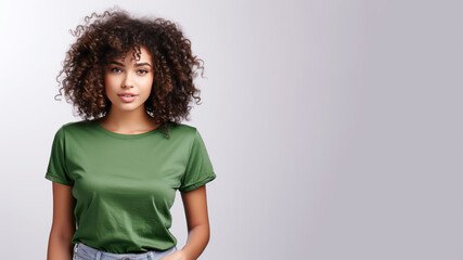 Afro american woman wearing green t-shirt isolated on gray background