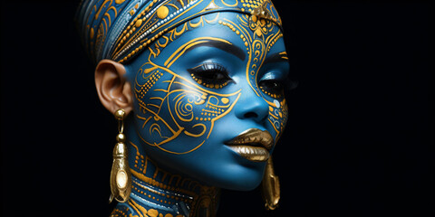 black tribal woman with with blue and gold ornaments - obrazy, fototapety, plakaty