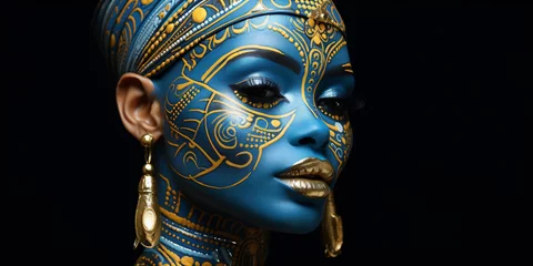 Muurstickers black tribal woman with with blue and gold ornaments © CROCOTHERY