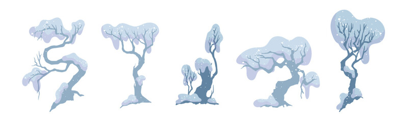 Set of snow-covered winter trees. Vector graphics.