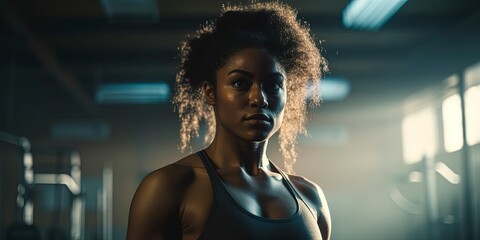 Gym and fitness concept. Strong athletic African American woman wearing sportswear. - obrazy, fototapety, plakaty