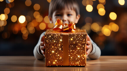 Fototapeta na wymiar Christmas gift box in hands, top view