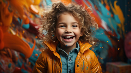 Happy laughing kid smeared in colourful paint