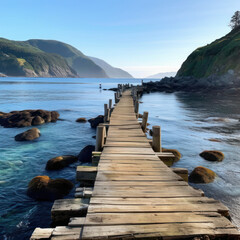 Fototapeta premium A calm Pacific coast facing the rocky cliffs 