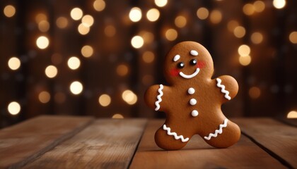 Gingerbread man cookie with cocoa splash on wooden table, blurred christmas lights background