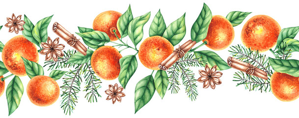 Christmas horizontal pattern with tangerines, pine needles - obrazy, fototapety, plakaty