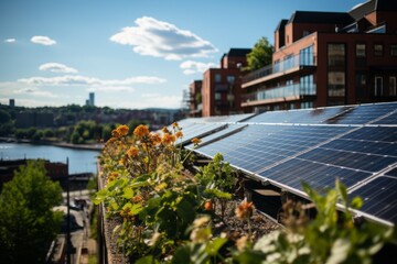 Rooftop solar panels, technician, Oslo City Hall backdrop; urban sustainability under Nordic skies, Oslo's radiant future.