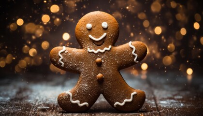 Fototapeta na wymiar Gingerbread man cookie on wooden table with cocoa powder splash and christmas lights background