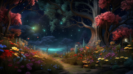 Fototapeta na wymiar fantasy forest fairy tale background. colorful trees and flowers in the night with light. dreamy woods landscape scene 