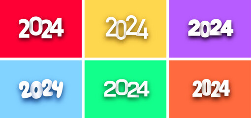 New Year 2024 paper 3d lettering colorful backgrounds.