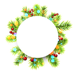 Paper banner card with round frame of bright green fir branches and red berries on white background. Christmas holiday greeting card with space for text.
