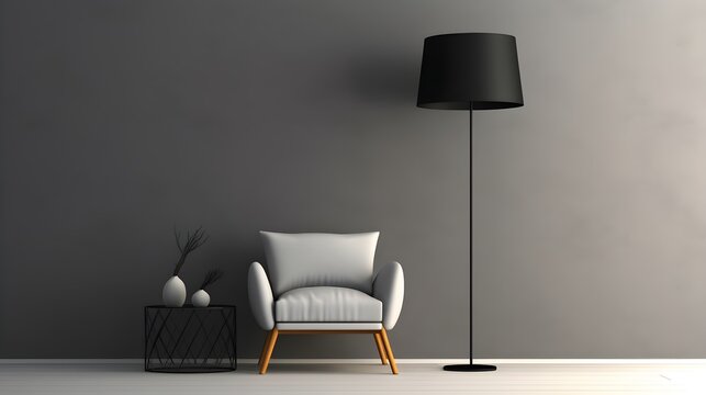 Interior design with a single sofa and gray wall