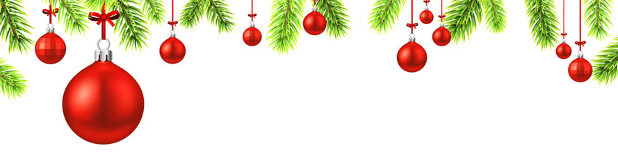 Horizontal banner with frame of bright green fir branches and red balls on white background. Christmas holiday greeting card with space for text.