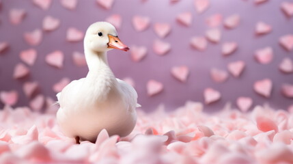 Cute Valentine Animal Pekin Duck Pet on a Pastel Pink and Red Studio Hearts Background - Celebrating Valentine's Day with Love, Affection, and Adorable Companionship, with Space for Heartfelt Message