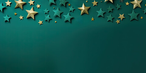 Green Christmas banner with copy space. Christmas decoration with presents on green background