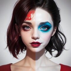 Fototapeta premium 半顔メイク、ハーフメイクアップ、半分、殺人ピエロ, generative ai, 