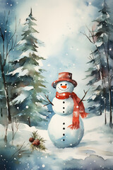 Snowman with hat and scarf carrot nose in the winter forest. Watercolor.