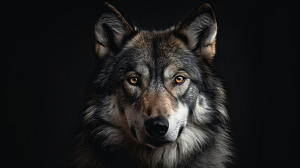 Naklejka na ściany i meble Portrait of a wolf with yellow eyes and a black background