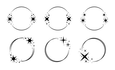 Circle star frame. Sparkle round christmas ornament. Black starry wreath for birthday decor, invitation card. vector..