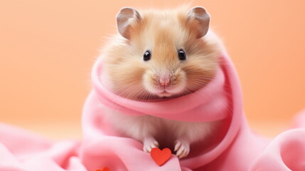 Cute Valentine Animal Hamster Pet on Pastel Pink and Red Studio Hearts Background - Celebrating Valentine's Day with Love, Affection, and Adorable Companionship, with Space for Your Heartfelt Message