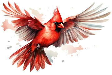 Watercolor bird illustration: A flying cardinal bird - obrazy, fototapety, plakaty