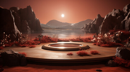 landscape featuring a large stone on a hill, in the style of alien worlds, red sunset with mountains and a lake