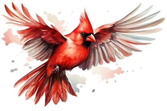Watercolor bird illustration: A flying cardinal bird