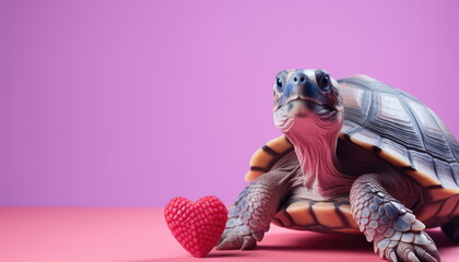 Cute Valentine Animal Turtle Pet on a Pastel Pink and Red Studio Hearts Background - Celebrating...