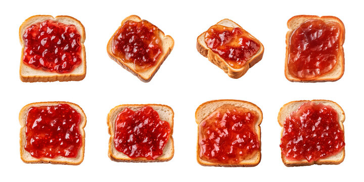 Collection of slices of toasted bread with jam isolated on a transparent background