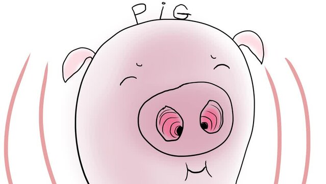 Moving or dancing funny cartoon pig head with disco music stripes