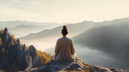 back view of woman is relaxingly practicing meditation yoga at top of mountain, woman with yoga in nature - obrazy, fototapety, plakaty