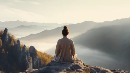Foto op Canvas back view of woman is relaxingly practicing meditation yoga at top of mountain, woman with yoga in nature © CStock