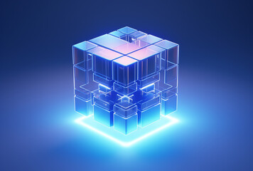 Obraz premium Futurystyczny sześcian AI, niebieskie elektryczne tło, technologia w prostej formie