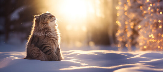 Happy cat with eyes closed outdoors in the snow, winter holiday season, wide banner, copyspace - obrazy, fototapety, plakaty